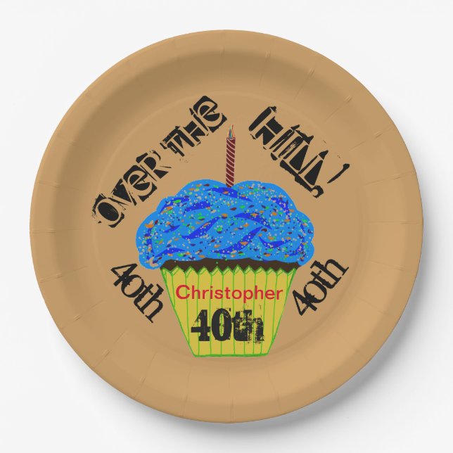 Over the Hill Personalized Blue Cupcake Plates (Front)