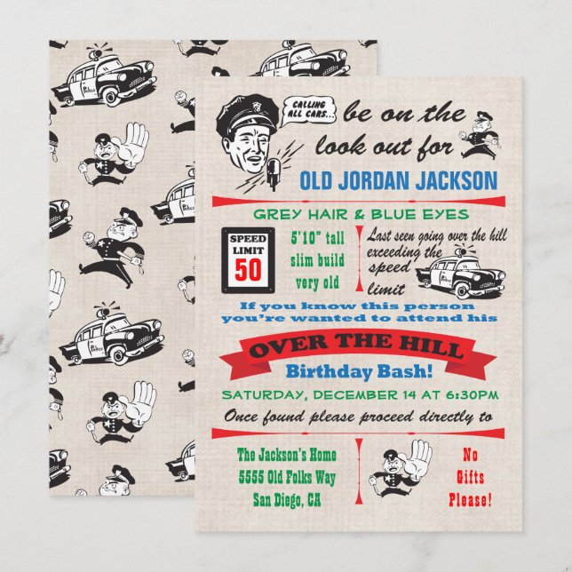 Over the Hill Police Cop Birthday Invitation (Front/Back)