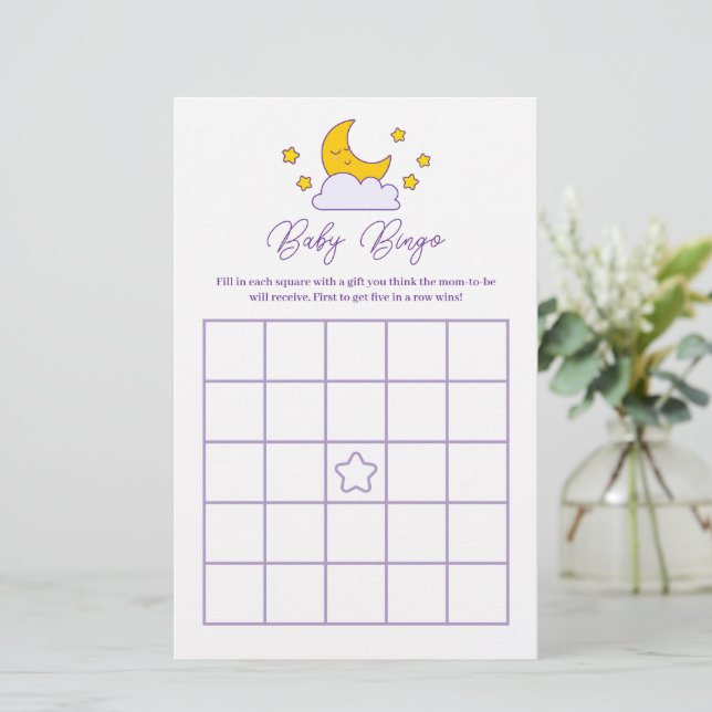 Over The Moon and Stars Baby Shower Bingo Game (Standing Front)