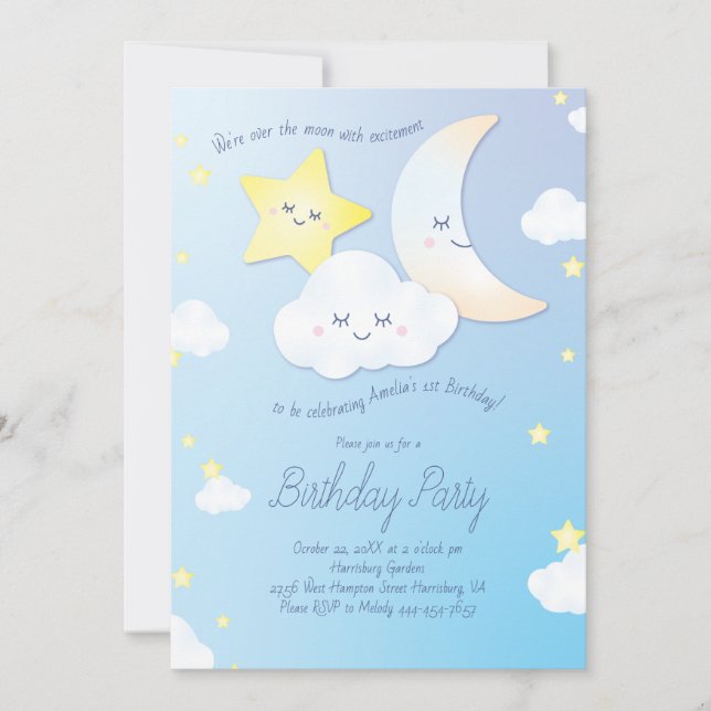 Over the Moon and Stars Birthday Party Invitation (Front)