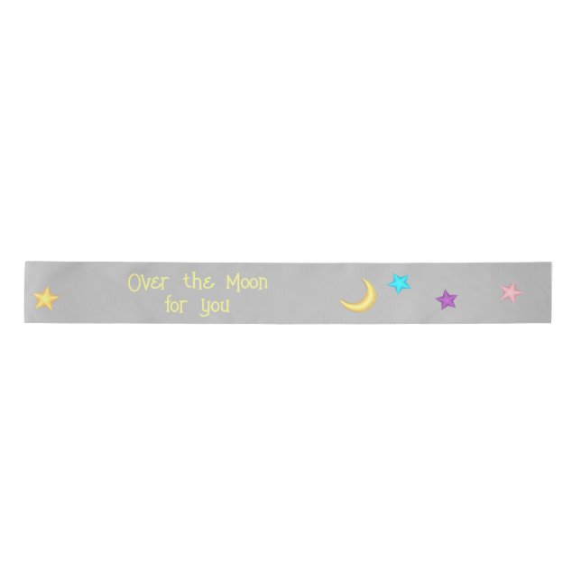 Over the Moon and Stars Custom Text Grey Satin Ribbon (Front)