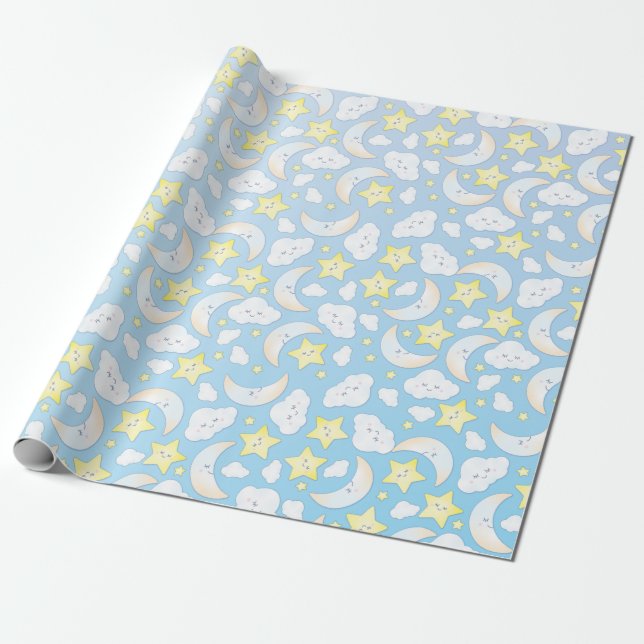 Over the Moon and Stars Wrapping Paper (Unrolled)