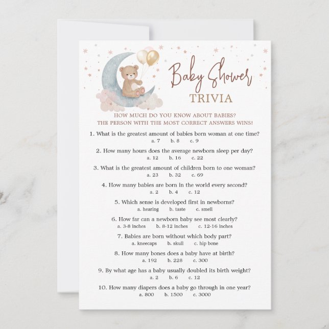 Over the Moon Baby Shower Baby Trivia Game Card (Front)