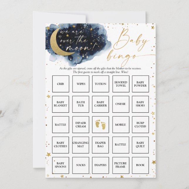 Over the Moon Baby Shower Bingo Game Card (Front)