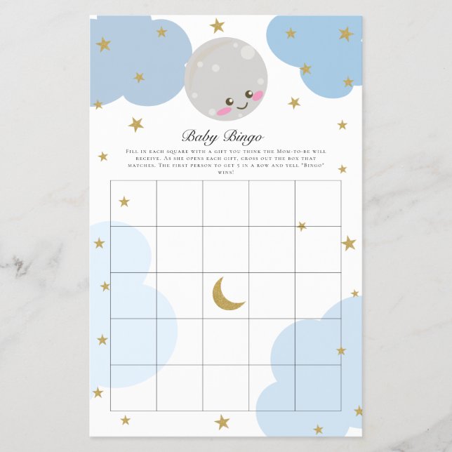 Over the Moon Baby Shower Bingo Game Kawaii Pastel Flyer (Front)