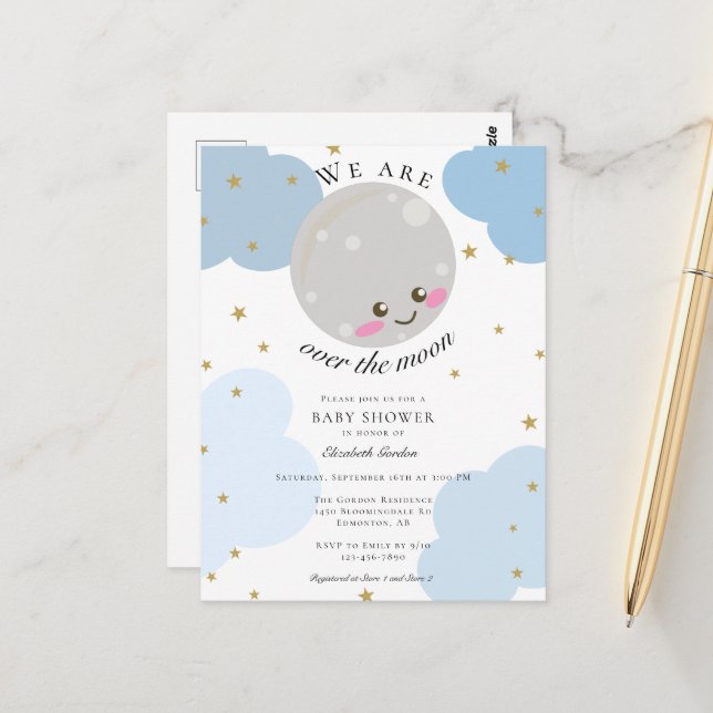 Over the Moon Baby Shower Blue Cute Kawaii Postcard (Front/Back In Situ)