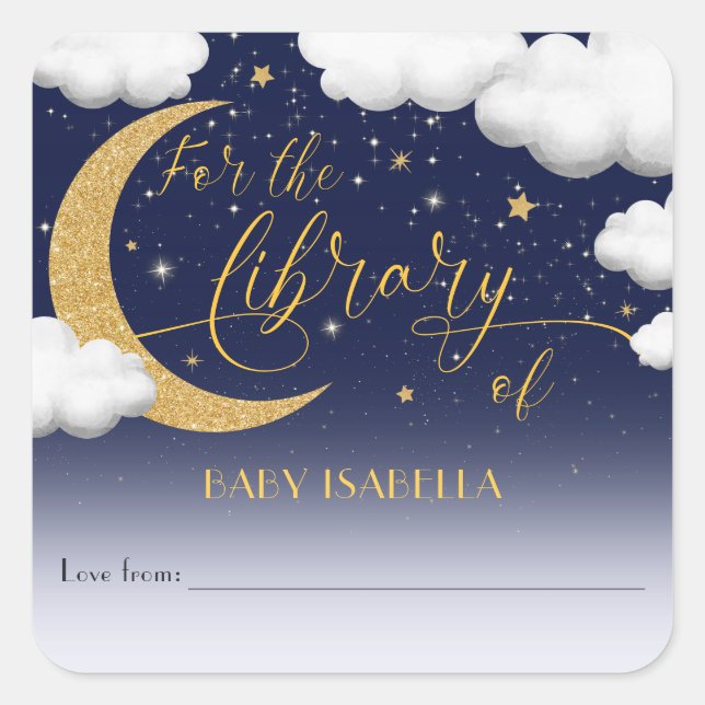Over the Moon Baby Shower Book Bookplate Square Sticker (Front)