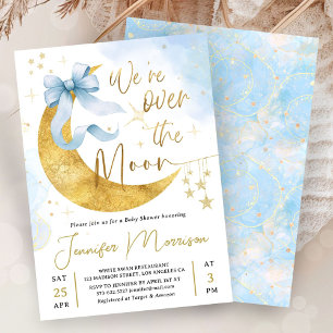 Over the Moon Baby Shower Boy Blue Bow Gold  Invitation