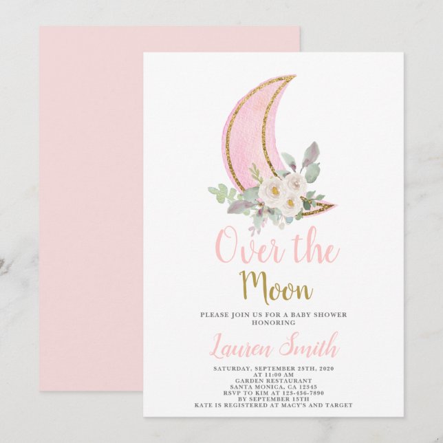 Over the Moon Baby Shower Girl Invitation (Front/Back)