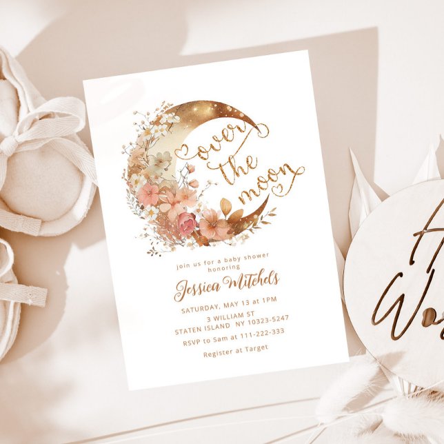Over the moon baby shower gold floral invitation (Creator Uploaded)