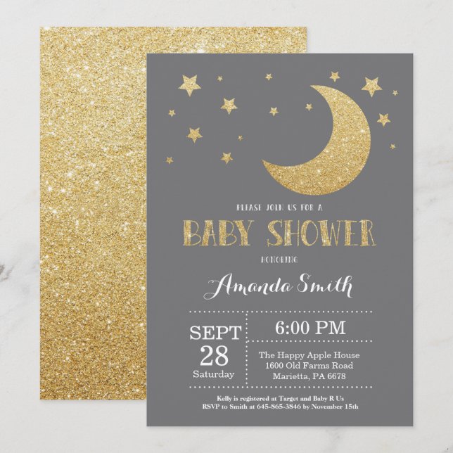 Over the Moon Baby Shower Invitation Gold Glitter (Front/Back)