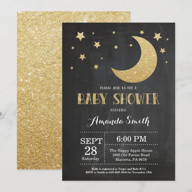 Over the Moon Baby Shower Invitation Gold Glitter (Front/Back)