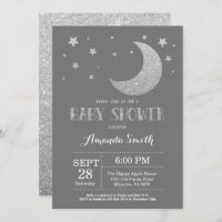Over the Moon Baby Shower Invite Silver Glitter