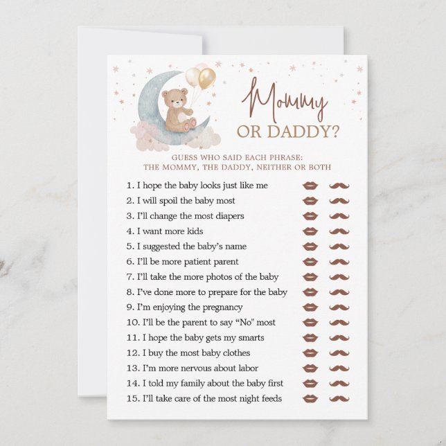 Over the Moon Baby Shower Mommy Or Daddy Game Card (Front)