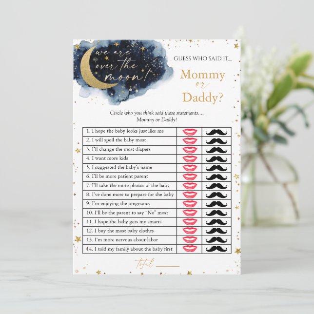 Over the Moon Baby Shower Mommy Or Daddy Game Card (Standing Front)