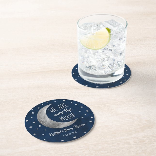 Over The Moon | Baby Shower Round Paper Coaster (Insitu)