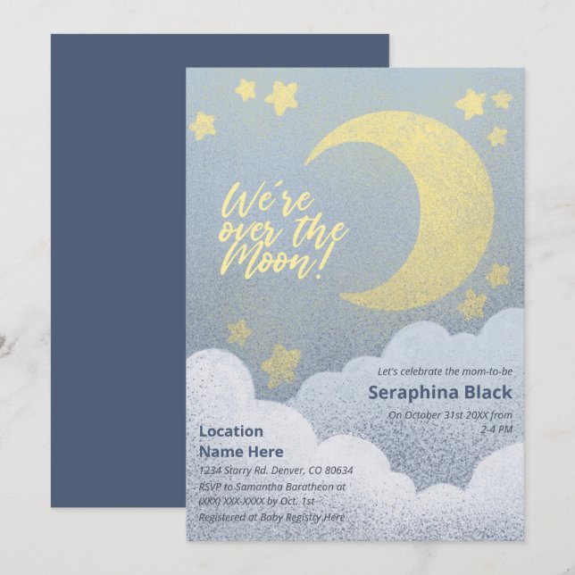 Over The Moon Baby Shower Stars And Clouds Invitation (Front/Back)
