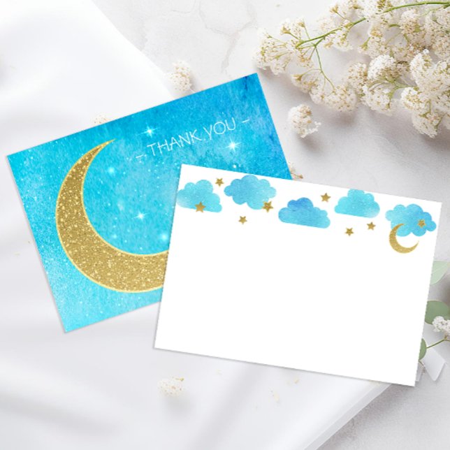 Over the Moon Baby Shower Thank You Card  (Blank thank you note card - Blue watercolor)
