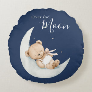 Over the Moon Bear Blue Baby Round Pillow