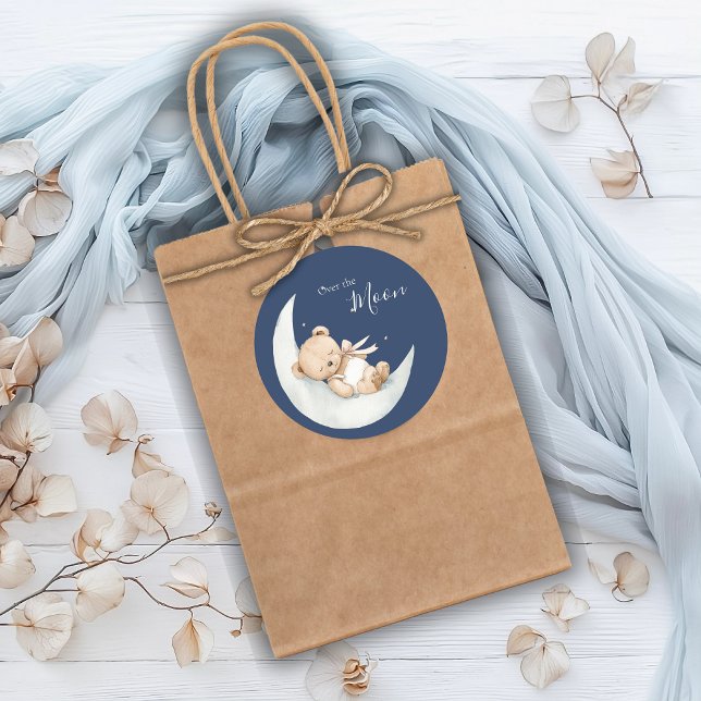 Over the Moon Bear Blue Baby Shower Classic Round Sticker (Creator Uploaded)