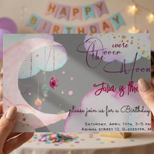 Over the moon beautiful pastel kids birthday invitation