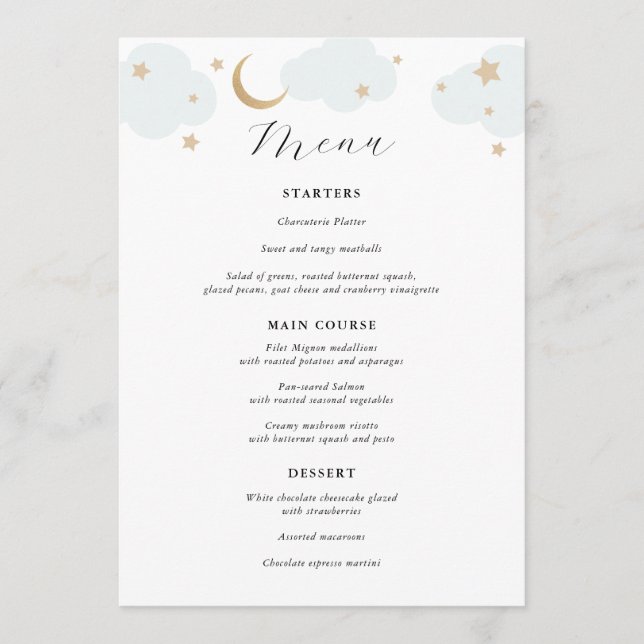 Over the Moon Blue and Gold Menu (Front)
