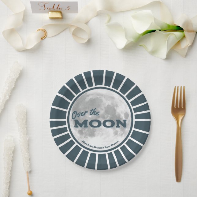 Over. the Moon Blue Baby Shower Custom  Paper Plate (Wedding)
