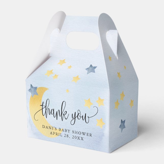 Over the Moon, Blue Baby Shower Moon Stars Favor Box (Front Side)