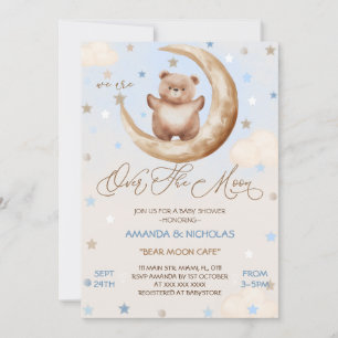 Over The Moon Blue Bear Boy Shower Invitation