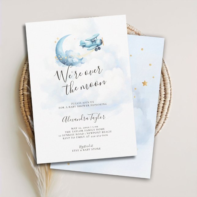 Over the Moon Blue Clouds Airplane Baby Boy Shower Invitation (over the moon baby boy shower invitation airplane blue clouds gold stars watercolor cute sweet toy)