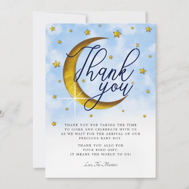 Over The Moon Blue Gold Baby Shower Thank You Card (Front)