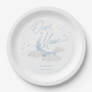 Over The Moon Blue Gold Stars Baby Shower Paper Plate