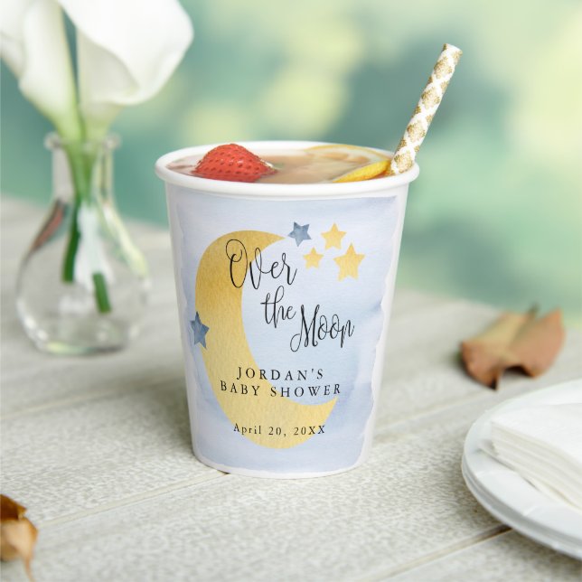 Over the Moon Blue Personalized Baby Shower Paper Cups (Insitu)