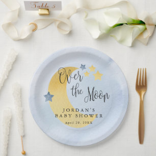 Over the Moon, Blue Personalized Baby Shower Paper Plate