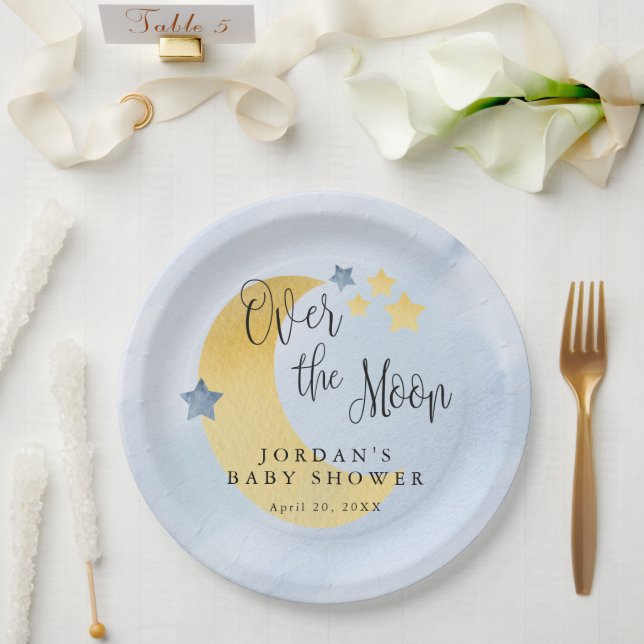 Over the Moon, Blue Personalized Baby Shower Paper Plate (Wedding)