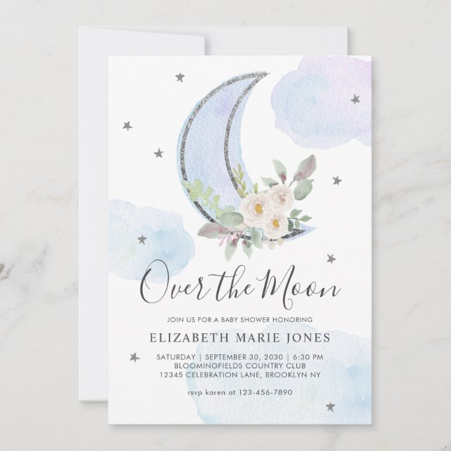 Over the Moon Blue Silver Floral Boy Baby Shower Invitation (Front)