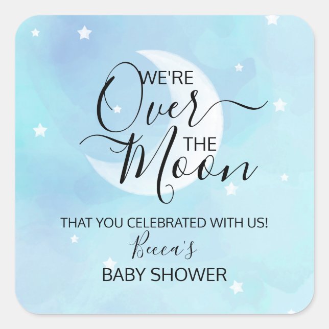 Over The Moon Blue Thank You Baby Shower Square Sticker (Front)