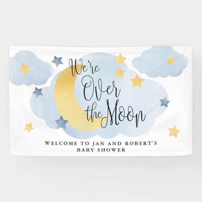 Over the Moon, Blue Watercolor Baby Shower Banner (Horizontal)