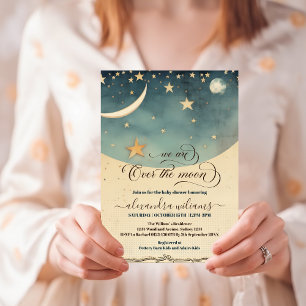 Over the Moon Blue Watercolor Baby Shower Invitation