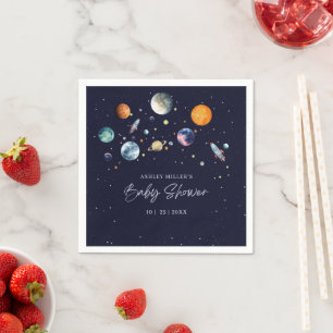 Over The Moon Boy Baby Shower Invite, Space Galaxy Napkin