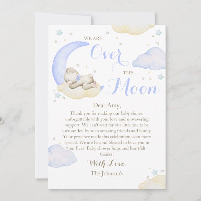 Over The Moon Boy Bear Baby Shower Thank You Card (Front)