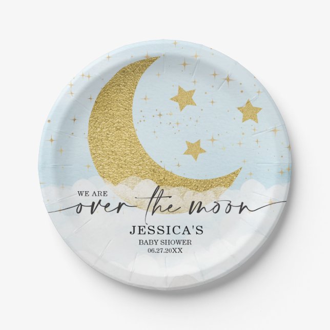 Over The Moon Boy Blue Baby Shower Paper Plates (Front)