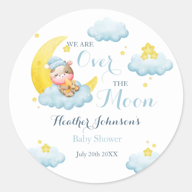Over The Moon Boy Cow Baby Shower Classic Round Sticker (Front)