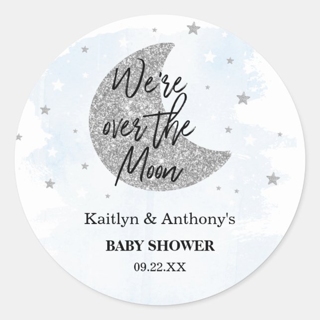 Over The Moon | Boys Baby Shower Classic Round Sticker (Front)