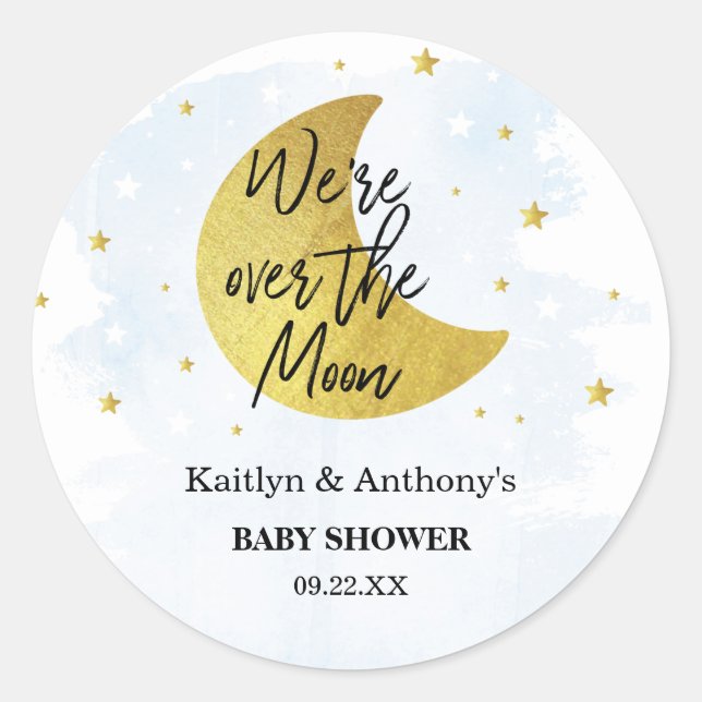 Over The Moon | Boys Baby Shower Classic Round Sticker (Front)