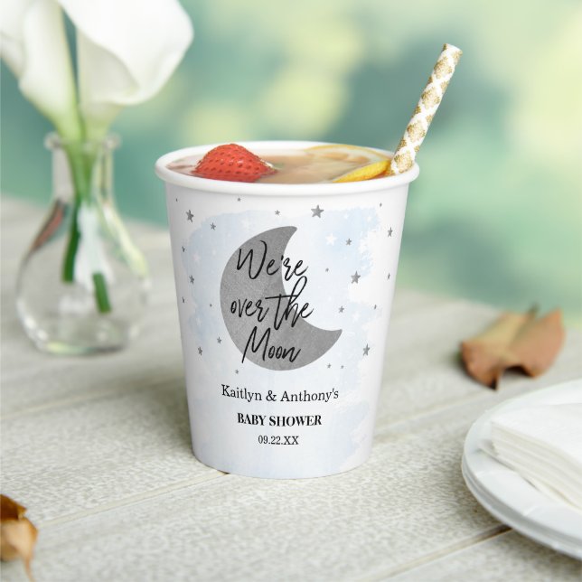 Over The Moon | Boys Baby Shower Paper Cups (Insitu)
