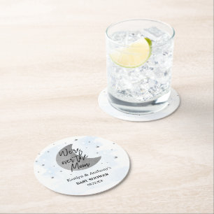 Over The Moon Boys Baby Shower Round Paper Coaster