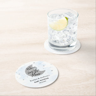 Over The Moon Boys Baby Shower Round Paper Coaster