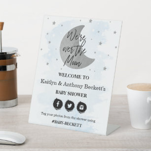 Over The Moon   Boys Baby Shower Welcome Pedestal Sign