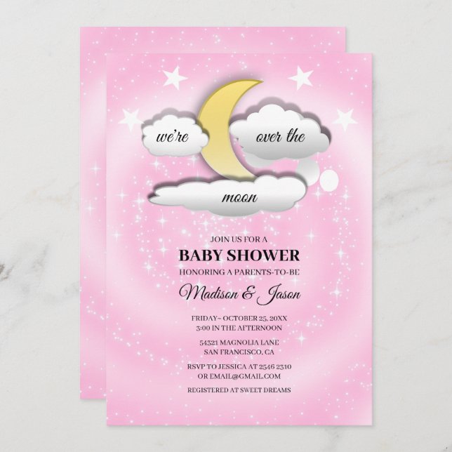 Over The Moon Clouds & Stars Baby Shower Invitation (Front/Back)